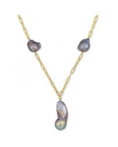 Gray Cultured Freshwater Baroque Pearl (13 & 35mm) 20" Paperclip Necklace in 18k Gold-Plated Sterling Silver