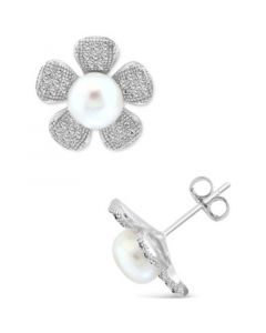 EFFY® Cultured Freshwater Pearl (7mm) & White Topaz (1-1/20 ct. t.w.) Flower Stud Earrings in Sterling Silver