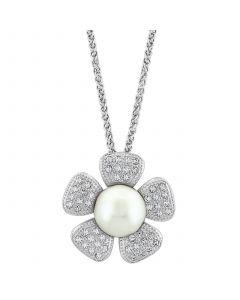 EFFY® Cultured Freshwater Pearl (10mm) & White Topaz (1/2 ct. t.w.) Flower 18" Pendant Necklace in Sterling Silver