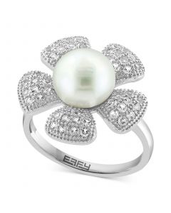 EFFY® Cultured Freshwater Pearl (10mm) & White Topaz (1/2 ct. t.w.) Flower Ring in Sterling Silver