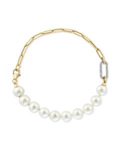 EFFY® Cultured Freshwater Pearl (7-1/2mm) & Diamond (1/10 ct. t.w.) Paperclip Bracelet in 14k Gold