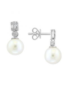 EFFY® Cultured Freshwater Pearl (9mm) & Diamond (1/5 ct. t.w.) Drop Earrings in 14k White Gold