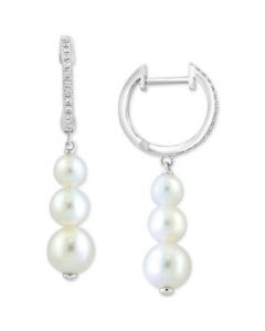 EFFY® Cultured Freshwater Pearl (5-7mm) and Diamond (1/10 ct. t.w.) Dangle Hoop Earrings in 14k White Gold