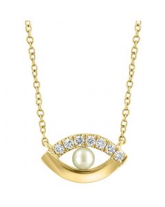 EFFY® Cultured Freshwater Pearl (3mm) & Diamond (1/20 ct. t.w.) Evil Eye 18" Pendant Necklace in 14k Gold