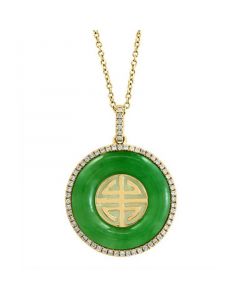 EFFY® Dyed Green Jade & Diamond (1/4 ct. t.w.) Longevity Symbol 18" Pendant Necklace in 14k Gold (Also in Onyx)