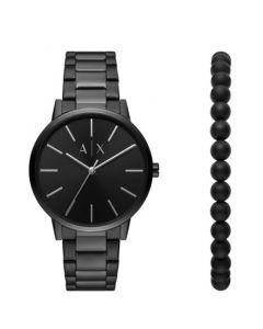 Men's Black Plated Stainless Steel Watch Gift Set with Black Beaded Bracelet Set, 42mm