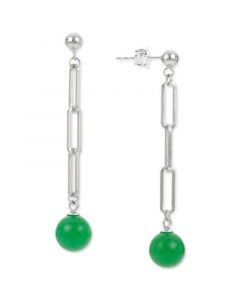 Dyed Green Jade Link Linear Drop Earrings in Sterling Silver