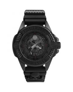 Men's The $kull Black Guilloché Silicone Strap Watch 44mm