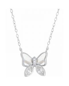 Mother-of-Pearl and Cubic Zirconia Butterfly 18" Pendant Necklace in Sterling Silver