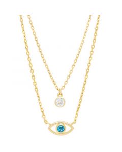 Blue Topaz (1/4 ct. t.w.) & Cubic Zirconia Evil Eye & Solitaire Layered Necklace in 14k Gold-Plated Sterling Silver, 13-1/2" + 2" extender