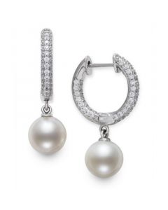 Cultured Freshwater Pearl (7mm) & Cubic Zirconia Dangle Huggie Hoop Earrings in Sterling Silver, Created for Macy's