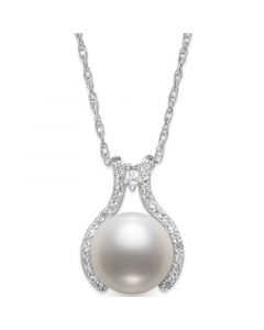 Cultured Freshwater Pearl (9mm) & Cubic Zirconia Wishbone 18" Pendant Necklace in Sterling Silver, Created for Macy's