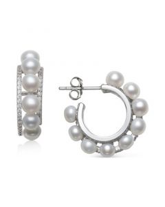 Cultured Freshwater Button Pearl (4mm) & Cubic Zirconia Small Hoop Earrings in Sterling Silver, Created for Macy's