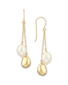 Cultured Freshwater Pearl (10 x 8mm) & Polished Bean Chain Drop Earrings in 14k Gold