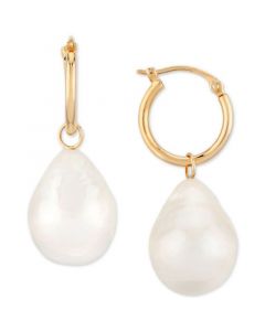 Cultured Freshwater Baroque Pearl (12mm) Dangle Hoop Earrings in 14k Gold