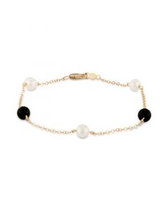 Cultured Freshwater Pearl (5mm) & Onyx (5mm) Chain Bracelet in 14k Gold