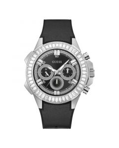 Men's Silver-Tone Glitz Smooth Black Genuine Leather, Silicone Rubber Strap Multi-Function Watch, 47mm