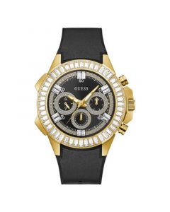 Men's Gold-Tone Glitz Smoothy Black Genuine Leather, Silicone Rubber Strap Multi-Function Watch, 47mm