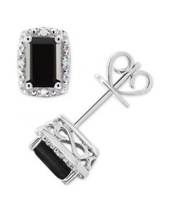 Onyx & Diamond Accent Rectangle Stud Earrings in Sterling Silver (Also in Turquoise & Labradorite)