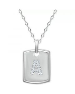 Cubic Zirconia Initial Dog Tag Pendant Necklace in Sterling Silver, 16" + 2" extender, Created for Macy's