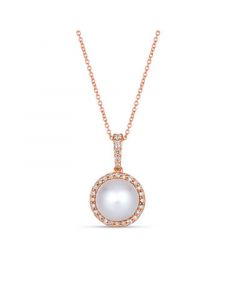 Vanilla Pearl (9mm) & Nude Diamond (1/3 ct. t.w.) Halo Pendant Necklace in 14k Rose Gold, Adjustable length to 20"