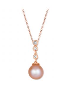 Strawberry Pearl (8mm) & Nude Diamond (1/10 ct. t.w.) Adjustable Pendant Necklace in 14k Rose Gold