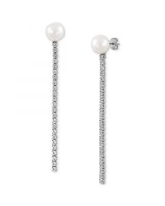 Cultured Freshwater Pearl (8mm) & Cubic Zirconia Linear Drop Earrings in Sterling Silver