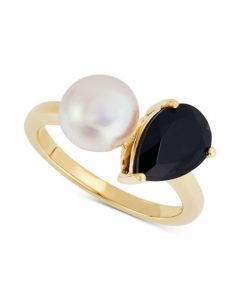 Cultured Freshwater Pearl (8mm) & Onyx Ring in 10k Gold