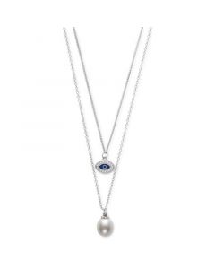 Cultured Freshwater Pearl (8mm) & Cubic Zirconia & Enamel Evil Eye Layered Necklace in Sterling Silver, 16" + 1" extender