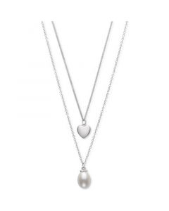 Cultured Freshwater Pearl (8mm) & Polished Heart Layered Necklace in Sterling Silver, 16" + 1" extender