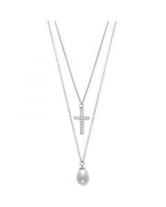 Cultured Freshwater Pearl (8mm) & Cubic Zirconia Cross Layered Necklace in Sterling Silver, 16" + 1" extender