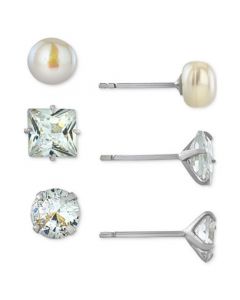 3-Pc. Cubic Zirconia & Cultured Freshwater Pearl (7mm) Stud Earrings in Sterling Silver, Created for Macy's