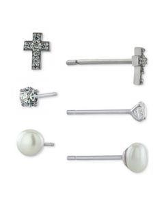 3-Pc. Cubic Zirconia & Cultured Freshwater Pearl (4mm) Stud Earrings in Sterling Silver, Created for Macy's