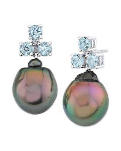 Cultured Tahitian Pearl (12mm), Aquamarine (1-1/2 ct. t.w.) & Diamond Accent Drop Earrings in 14k White Gold