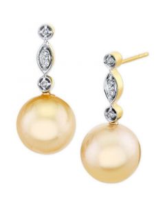 Cultured Golden South Sea Pearl (9mm) & Diamond Accent Drop Earrings in 14k Gold