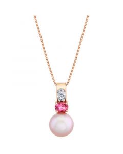 Pink Cultured Freshwater Pearl (7mm), Pink Tourmaline (1/5 ct. t.w.) & Diamond Accent 18" Pendant Necklace in 14k Rose Gold