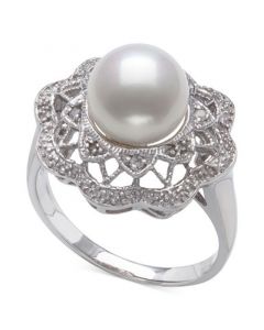 Cultured Freshwater Pearl (9mm) & Diamond Accent Filigree Statement Ring in Sterling Silver