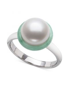 Cultured Freshwater Pearl (9mm) & Jade Halo Ring in Sterling Silver