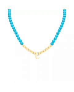 Reconstituted Turquoise & Polished Gold Bead Initial 18" Pendant Necklace in 14k Gold-Plated Sterling Silver