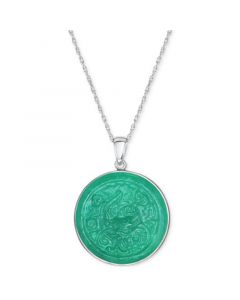 Dyed Green Jade Carved Dragon Disc 18" Pendant Necklace in Sterling Silver