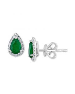 EFFY® Emerald (3/4 ct. t.w.) & Diamond (1/10 ct. t.w.) Halo Stud Earrings in 14k White Gold