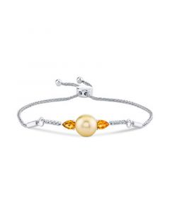 Cultured Golden South Sea Pearl (9mm), Citrine (3/4 ct. t.w.) & Diamond (1/8 ct. t.w.)  Bolo Bracelet Set in Sterling Silver