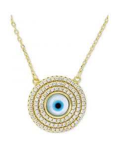 Cubic Zirconia & Enamel Evil Eye Halo Pendant Necklace in 14k Gold-Plated Sterling Silver, 16" + 1" extender