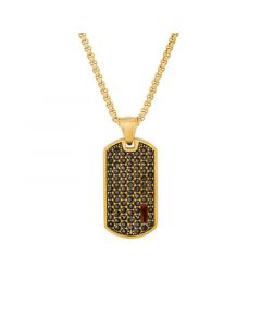 Men's 18k Gold Plated Stainless Steel Simulated Diamonds and Tiger Eye Dog Tag Pendant