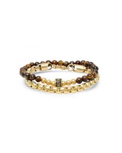 Men's 2 Pieces 18k Gold Plated Stainless Steel Rounded Box Chain Bracelet and Tiger Eye Beaded Bracelet Set