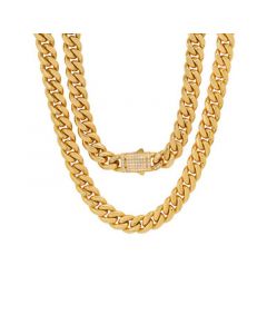 Men's 18k Gold Plated Stainless Steel Thick Cuban Link Chain Necklace with Simulated Diamonds Clasp