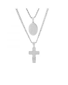 Men's 2 Pieces Stainless Steel and Simulated Diamonds Double Layered Cross and Our Lady of Guadalupe Pendant Set