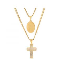 Men's 2 Pieces 18k Gold Plated Stainless Steel and Simulated Diamonds Double Layered Cross and Our Lady of Guadalupe Pendant Set