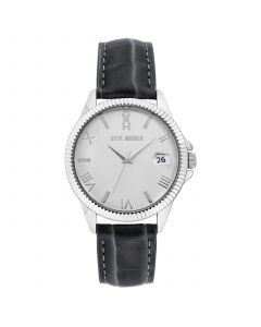 Women's Black Grain Pattern Leather Strap with Stitching Watch, 41mm