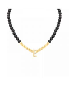 Onyx & Polished Gold Bead Initial 18" Pendant Necklace in 14k Gold-Plated Sterling Silver